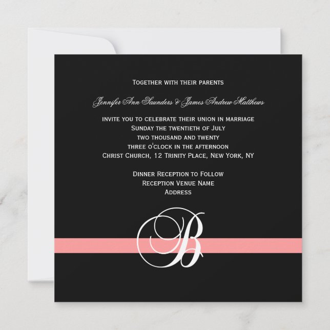 Coral Black White Monogram B Wedding Invitation (Back)