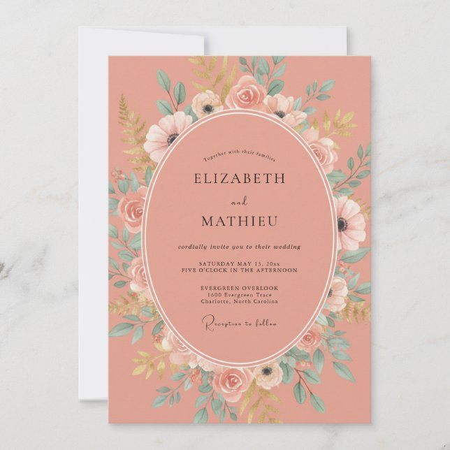 Coral Blossom Botanical Romance Wedding Invitation (Front)