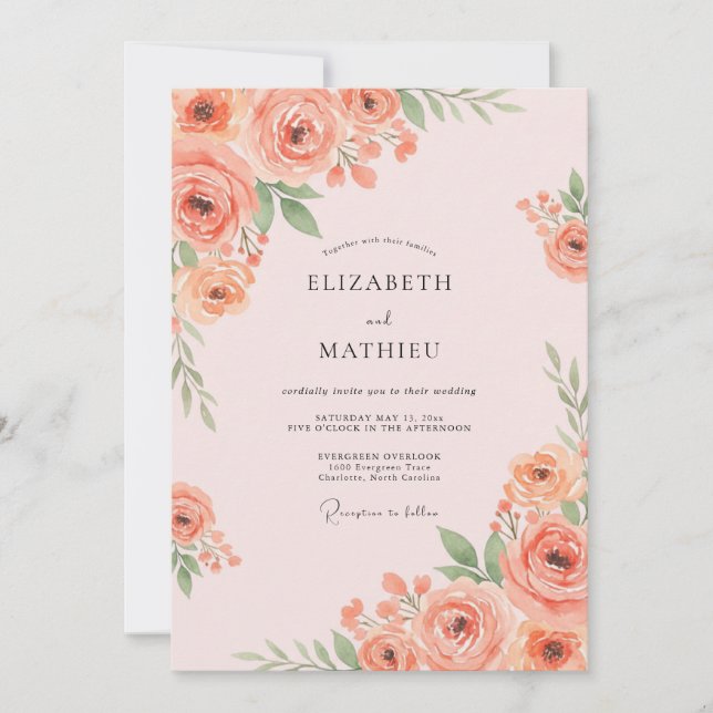Coral Blossom Painterly Flourish Wedding Invitation (Front)