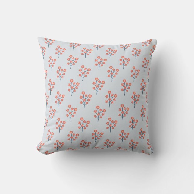 Coral Blossom Sprigs on Misty Blue Pattern  Throw Pillow (Front)