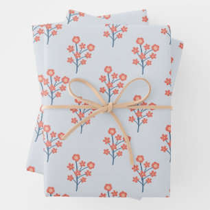 Coral Blossom Sprigs on Misty Blue Pattern Wrapping Paper Sheets