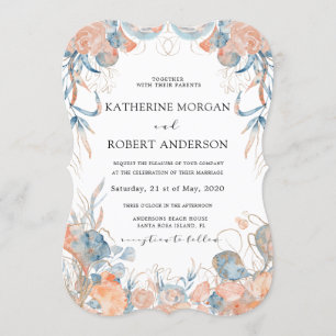 coral blue airy floral romantic Wedding Invitation
