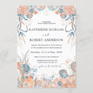 coral blue airy floral romantic Wedding Invitation