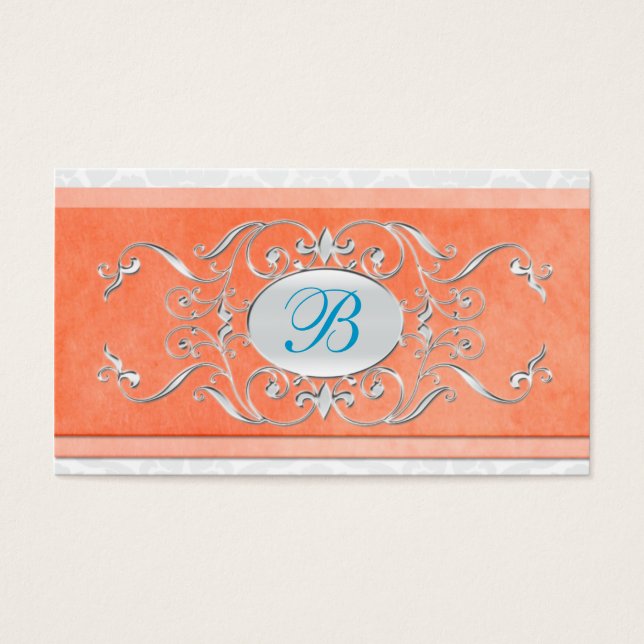 Coral, Blue, and Gray Damask Wedding Favor Tag (Front)