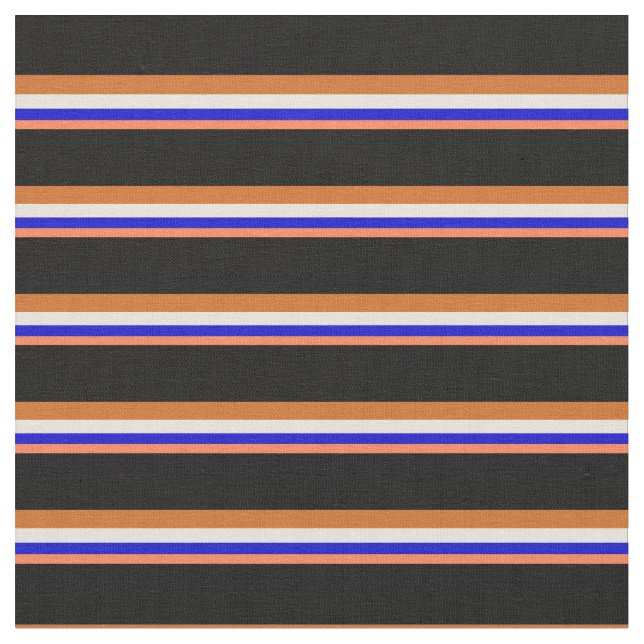 Coral, Blue, Beige, Chocolate & Black Lines Fabric (Close Up)