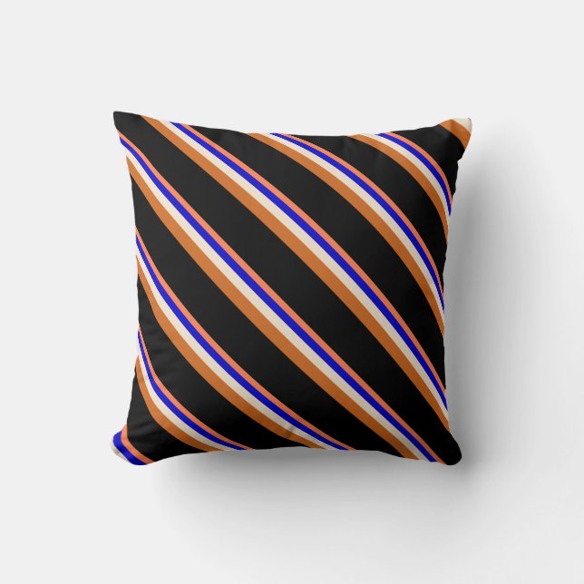 Coral, Blue, Beige, Chocolate & Black Lines Pillow (Front)
