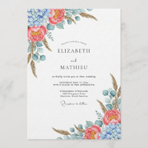 Coral Blue Botanical Flourish Wedding Invitation