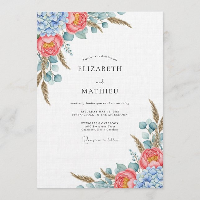 Coral Blue Botanical Flourish Wedding Invitation (Front)
