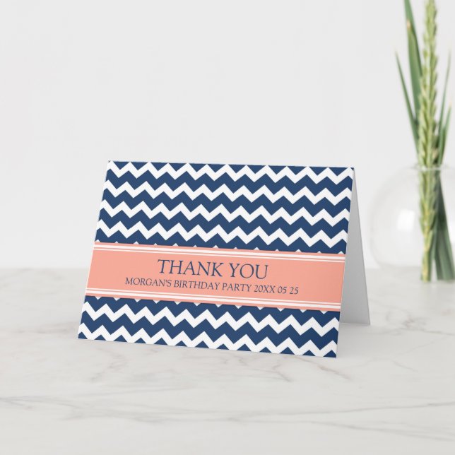 Coral Blue Chevron Birthday Party Thank You Card (Front)