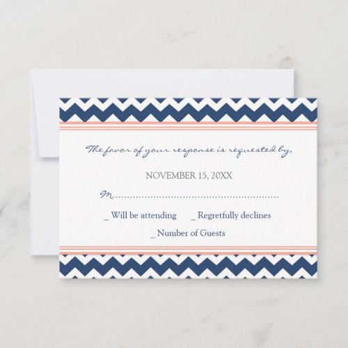 Coral Blue Chevron RSVP Wedding Card