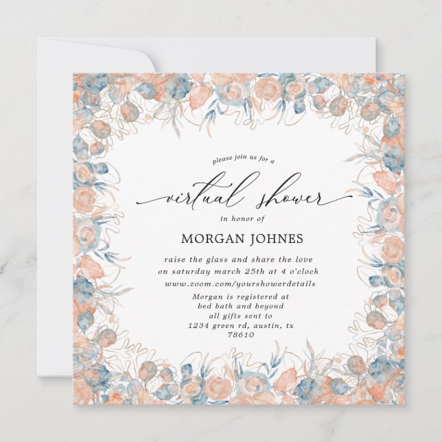 coral blue coastal virtual Shower Invitation (Front)