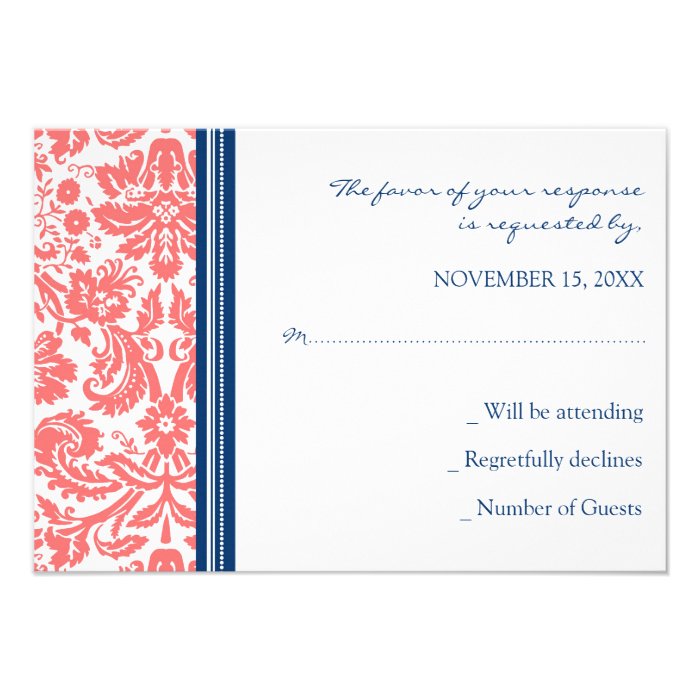 Coral Blue Damask RSVP Wedding Card