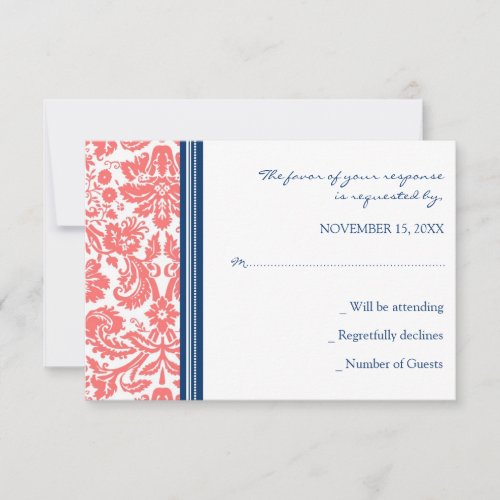 Coral Blue Damask RSVP Wedding Card