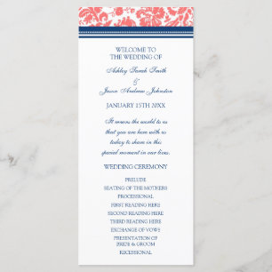 Coral Blue Damask Wedding Program