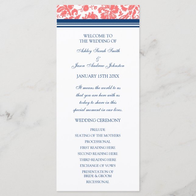 Coral Blue Damask Wedding Program (Front)
