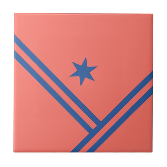 Coral Blue Diagonal Stripes Star Modern Graphic Ceramic Tile (Front)