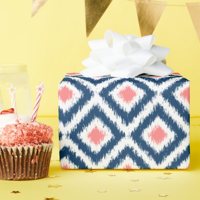 Coral Blue Diamonds Ikat Pattern Wrapping Paper (Birthday Party)