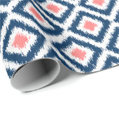 Coral Blue Diamonds Ikat Pattern Wrapping Paper (Roll Corner)