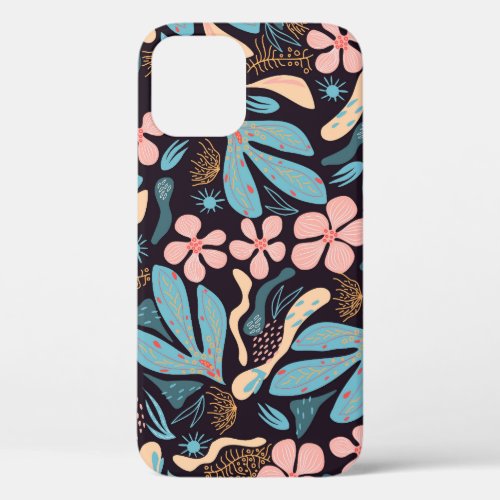 Coral Blue Floral Dark Print iPhone 12 Case