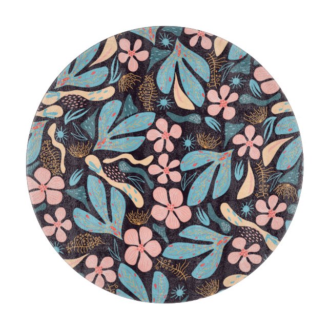 Coral Blue Floral Dark Print Cutting Board (Front)