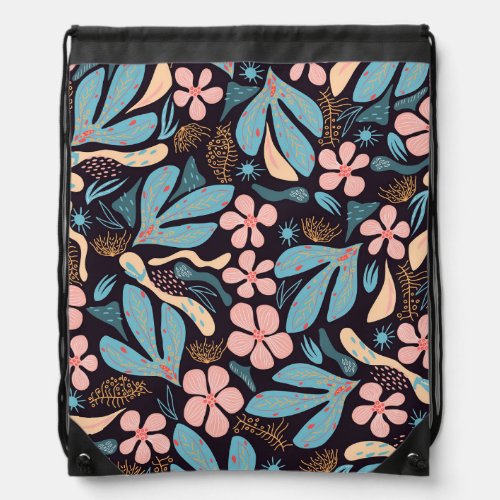 Coral Blue Floral Dark Print Drawstring Bag