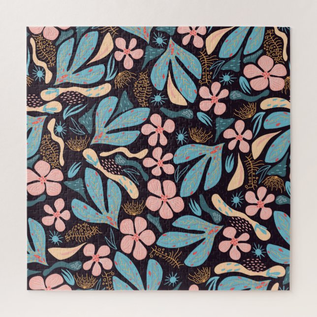 Coral Blue Floral Dark Print Jigsaw Puzzle (Vertical)