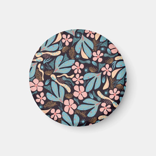 Coral Blue Floral Dark Print Magnet (Front)