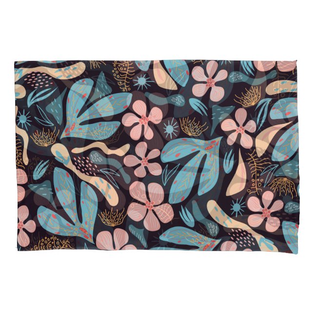 Coral Blue Floral Dark Print Pillow Case (Front)