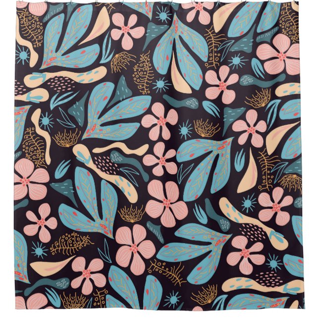 Coral Blue Floral Dark Print Shower Curtain (Front)