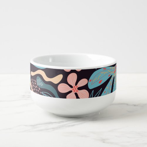 Coral Blue Floral Dark Print Soup Mug