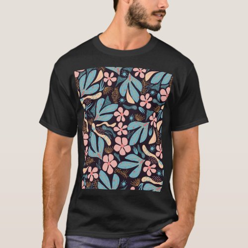 Coral Blue Floral Dark Print T_Shirt