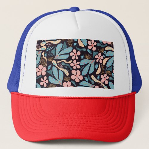 Coral Blue Floral Dark Print Trucker Hat