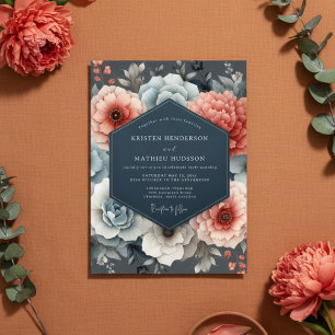 Coral Blue Floral Romance Wedding Invitation