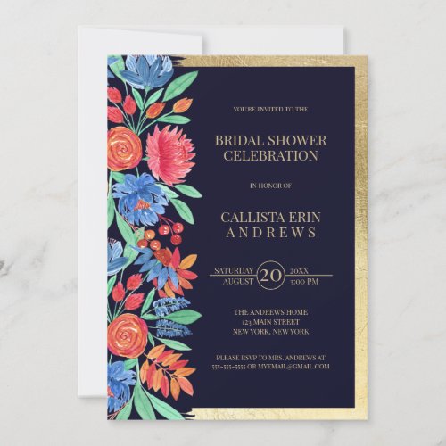 Coral Blue Gold Floral Watercolor Bridal Shower Invitation