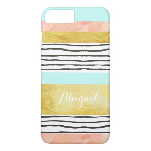 Coral Blue Gold Stripes iPhone 7 Plus Case (Back)