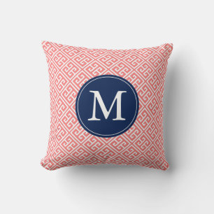 Coral Blue Greek Key Pattern Monogram Throw Pillow