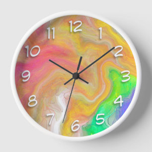 Coral, Blue, Green, Pink Abstract Fluid Art Clock