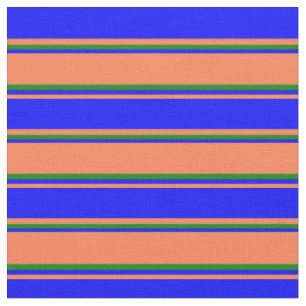 Coral, Blue & Green Striped Pattern Fabric