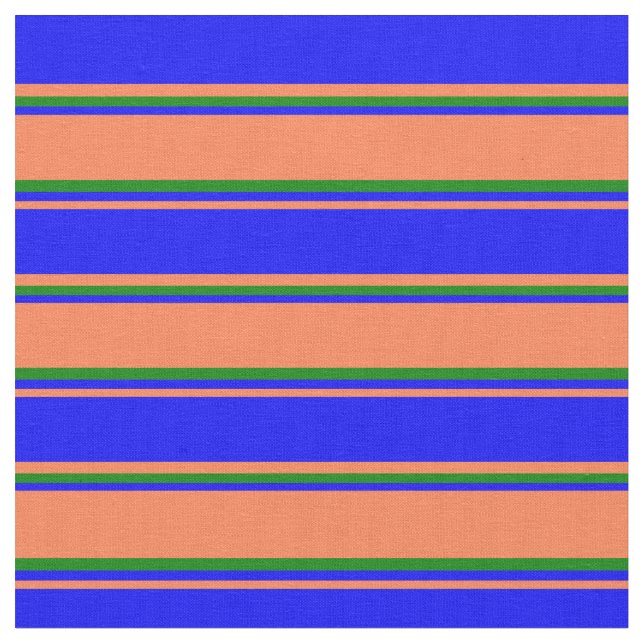 Coral, Blue & Green Striped Pattern Fabric (Close Up)