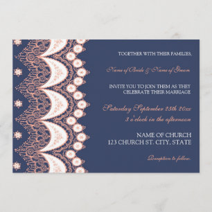 Coral Blue Lace Pattern Wedding Invitation Cards
