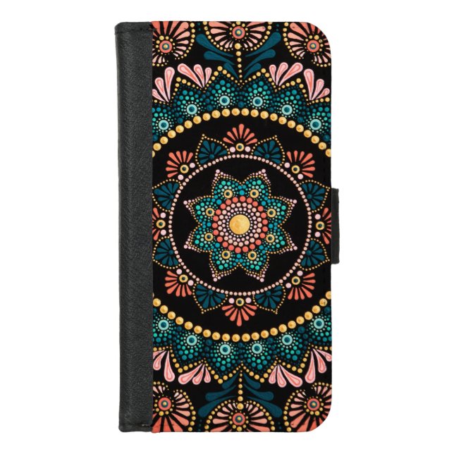 Coral Blue Mandala, Sacred Geometry Boho Ethnic iPhone Wallet Case (Front)