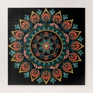 Coral Blue Mandala, Sacred Geometry Boho Ethnic Jigsaw Puzzle