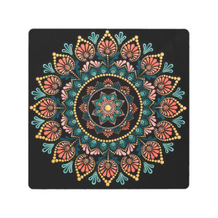 Coral Blue Mandala, Sacred Geometry Boho Ethnic Metal Print