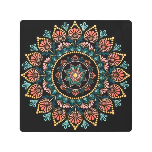 Coral Blue Mandala Sacred Geometry Boho Ethnic Metal Print