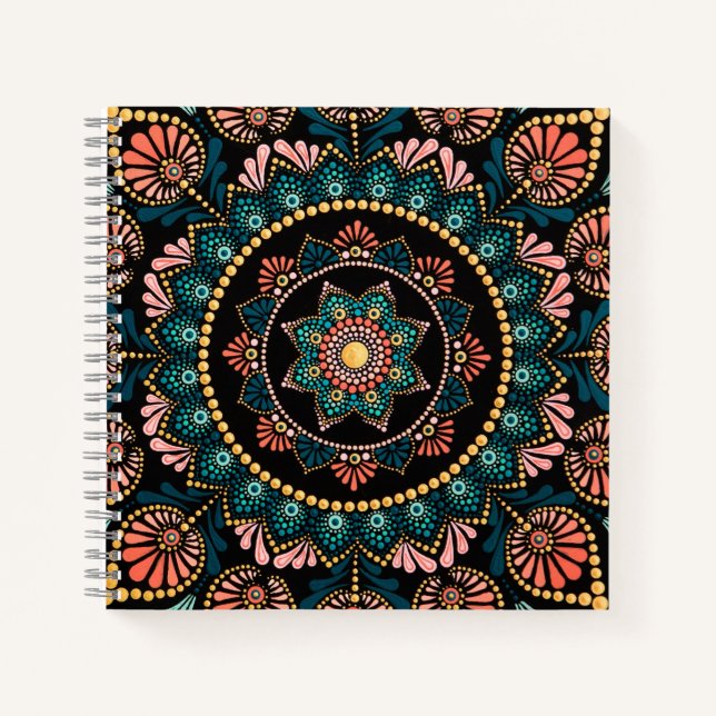 Coral Blue Mandala, Sacred Geometry Boho Ethnic Notebook (Front)