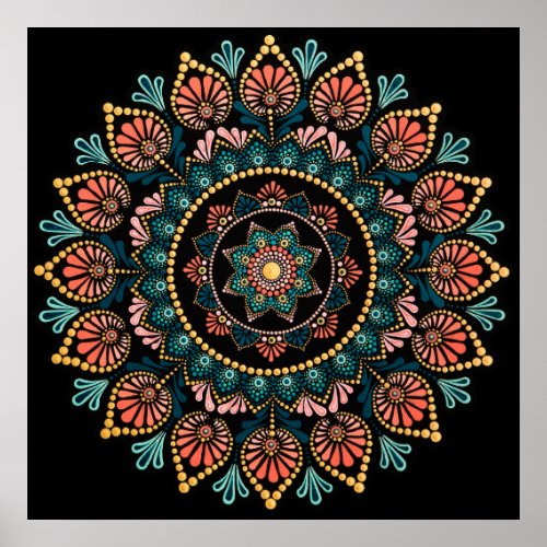 Coral Blue Mandala Sacred Geometry Boho Ethnic Poster