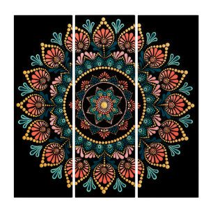 Coral Blue Mandala, Sacred Geometry Boho Ethnic Triptych