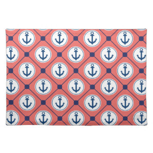 Coral Blue Nautical Anchor Pattern Cloth Placemat