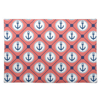 Coral Blue Nautical Anchor Pattern Cloth Placemat