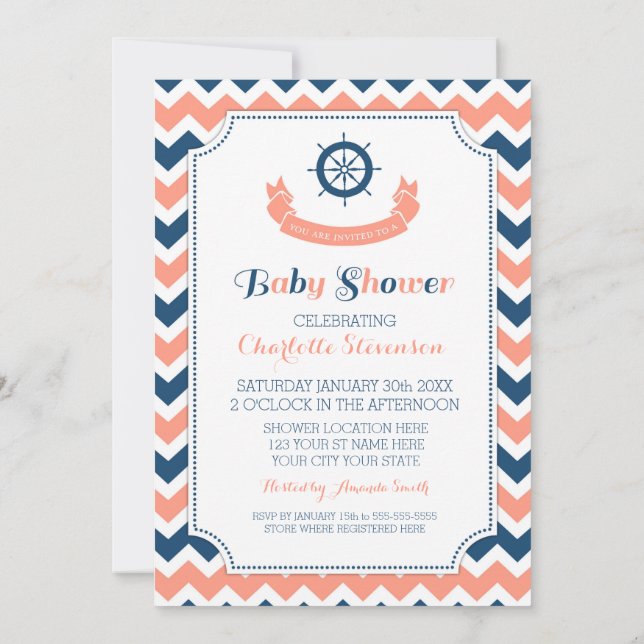 Coral Blue Nautical Custom Baby Shower Invitations (Back)